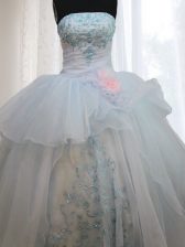  Light Blue Ball Gowns Appliques and Hand Made Flower Ball Gown Prom Dress Lace Up Organza Sleeveless Floor Length