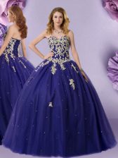  Floor Length Navy Blue Ball Gown Prom Dress Tulle Sleeveless Beading