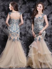  Mermaid Champagne Tulle Zipper Prom Dress Sleeveless With Brush Train Appliques and Ruffles