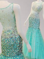  Mermaid Scoop Side Zipper Prom Party Dress Turquoise for Prom with Beading Brush Train