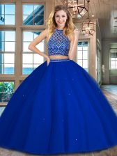 High Class Halter Top Sleeveless Tulle Floor Length Backless Quinceanera Gown in Royal Blue with Beading