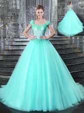 New Arrival Straps Sleeveless Tulle Quinceanera Dresses Beading and Appliques Brush Train Lace Up