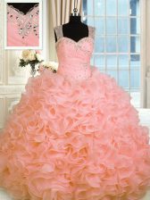 Low Price Watermelon Red Straps Neckline Beading and Ruffles Quinceanera Dress Sleeveless Zipper