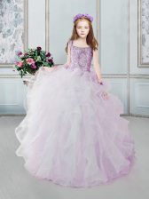 Square Organza Sleeveless Floor Length Little Girls Pageant Dress Wholesale and Beading and Ruffles