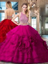  Backless Halter Top Sleeveless Sweet 16 Dress With Brush Train Beading and Ruffles Fuchsia Organza