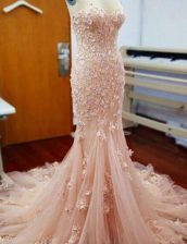 Comfortable Mermaid Baby Pink Sleeveless With Train Appliques Zipper Evening Dress