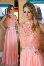  Floor Length Pink Prom Dresses Chiffon Sleeveless Beading and Lace