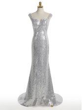  Square Sequins With Train Mermaid Sleeveless Silver Evening Dress Sweep Train Zipper