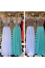 Designer V-neck Sleeveless Prom Party Dress Floor Length Beading White Chiffon