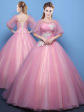 Sophisticated Floor Length Pink Ball Gown Prom Dress Scoop Half Sleeves Lace Up