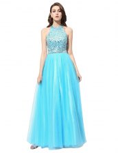 Artistic Scoop Aqua Blue Sleeveless Beading Floor Length 