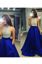  Halter Top Blue Sleeveless Beading Floor Length Prom Evening Gown