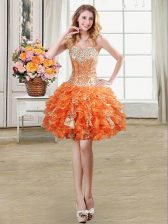  Beading and Ruffles and Sequins Prom Gown Orange Lace Up Sleeveless Mini Length