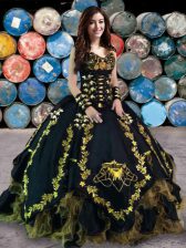 Fitting Floor Length Lace Up 15th Birthday Dress Black for Military Ball and Sweet 16 and Quinceanera with Beading and Embroidery and Ruffles