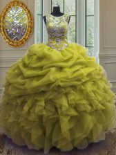 Graceful Scoop Yellow Green Ball Gowns Beading and Ruffles and Pick Ups Ball Gown Prom Dress Lace Up Organza Sleeveless Floor Length