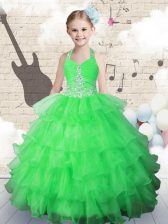  Halter Top Beading and Ruffled Layers Little Girls Pageant Dress Wholesale Green Lace Up Sleeveless Floor Length