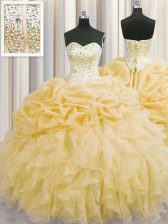  Visible Boning Organza Sweetheart Sleeveless Lace Up Beading and Ruffles Quinceanera Gowns in Gold