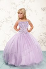  Lilac Tulle Lace Up Little Girls Pageant Dress Wholesale Sleeveless Floor Length Beading