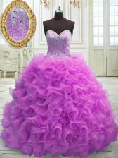 Top Selling Lilac Quinceanera Dresses Military Ball and Sweet 16 and Quinceanera with Beading and Ruffles Sweetheart Sleeveless Sweep Train Lace Up