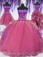 Pretty Four Piece Sleeveless Floor Length Embroidery and Ruffles Lace Up Sweet 16 Quinceanera Dress with Pink