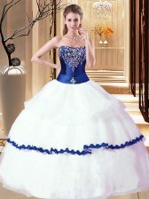  White and Royal Blue Organza Lace Up Strapless Sleeveless Floor Length Quinceanera Dress Beading and Ruffled Layers