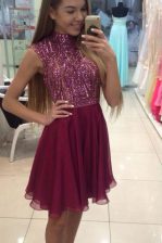 Cute Halter Top Fuchsia A-line Beading Prom Party Dress Zipper Chiffon Sleeveless Knee Length