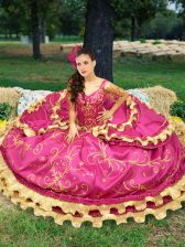  Off The Shoulder Sleeveless Quinceanera Dress Floor Length Beading and Embroidery Fuchsia Taffeta