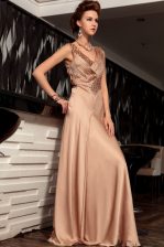  Brown Sleeveless Beading and Ruching Floor Length Homecoming Dress