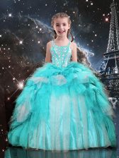 Wonderful Aqua Blue Lace Up Spaghetti Straps Beading and Ruffles Little Girls Pageant Dress Organza Sleeveless