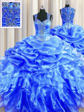  Pick Ups Zipper Up See Through Back Straps Sleeveless Zipper Sweet 16 Dress Blue Organza