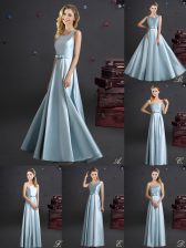 Beautiful Light Blue Empire Square Sleeveless Elastic Woven Satin Floor Length Zipper Bowknot Quinceanera Court Dresses