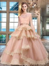  Scoop Cap Sleeves Floor Length Zipper Quinceanera Gown Peach for Military Ball and Sweet 16 and Quinceanera with Beading and Lace and Appliques and Ruffled Layers