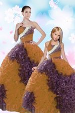  Strapless Sleeveless 15th Birthday Dress Floor Length Beading and Sequins Multi-color Fabric With Rolling Flowers