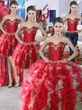  Four Piece Red Sleeveless Floor Length Beading Lace Up Sweet 16 Dresses