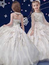  Scoop Long Sleeves Floor Length Beading Zipper Flower Girl Dress with White