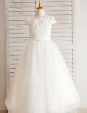 Luxurious Scoop White Short Sleeves Floor Length Beading and Appliques Zipper Flower Girl Dresses