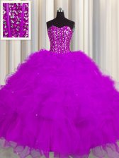  Visible Boning Fuchsia Tulle Lace Up 15 Quinceanera Dress Sleeveless Floor Length Beading and Ruffles and Sequins