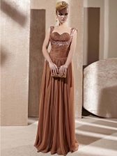  Brown Zipper Prom Dresses Beading Sleeveless Floor Length