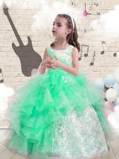  Apple Green Ball Gowns Scoop Sleeveless Organza Floor Length Lace Up Beading and Ruffles Girls Pageant Dresses