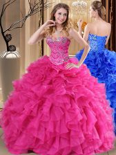  Floor Length Lace Up Quinceanera Dresses Hot Pink for Military Ball and Sweet 16 and Quinceanera with Beading and Ruffles