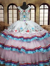  Ruffled Straps Sleeveless Lace Up Sweet 16 Dress White Organza and Taffeta