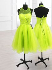  Yellow Green A-line Organza High-neck Sleeveless Sequins Knee Length Lace Up Prom Dresses