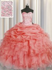 Latest Watermelon Red Sweetheart Lace Up Beading and Ruffles Vestidos de Quinceanera Sleeveless
