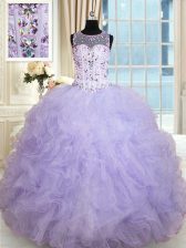  Lavender Ball Gowns Tulle Scoop Sleeveless Beading and Ruffles Floor Length Lace Up Sweet 16 Quinceanera Dress