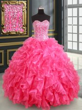 Fashionable Hot Pink Lace Up Sweetheart Beading and Ruffles and Sequins Sweet 16 Dress Organza Sleeveless