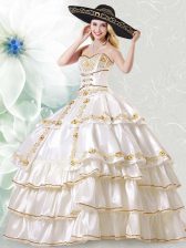 Stunning White Ball Gowns Sweetheart Sleeveless Taffeta Floor Length Lace Up Embroidery and Ruffled Layers 15th Birthday Dress