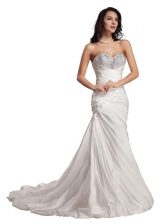  White Column/Sheath Sweetheart Sleeveless Taffeta With Train Sweep Train Lace Up Beading Dress for Prom