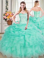 Superior Apple Green Organza Lace Up 15 Quinceanera Dress Sleeveless Floor Length Beading and Ruffles and Pick Ups