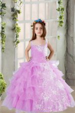  Lavender Ball Gowns Organza Square Sleeveless Lace and Ruffled Layers Floor Length Lace Up Little Girl Pageant Gowns