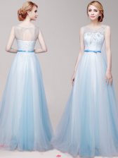 Sumptuous Scoop Light Blue Tulle Lace Up Evening Dress Sleeveless Floor Length Appliques and Bowknot
